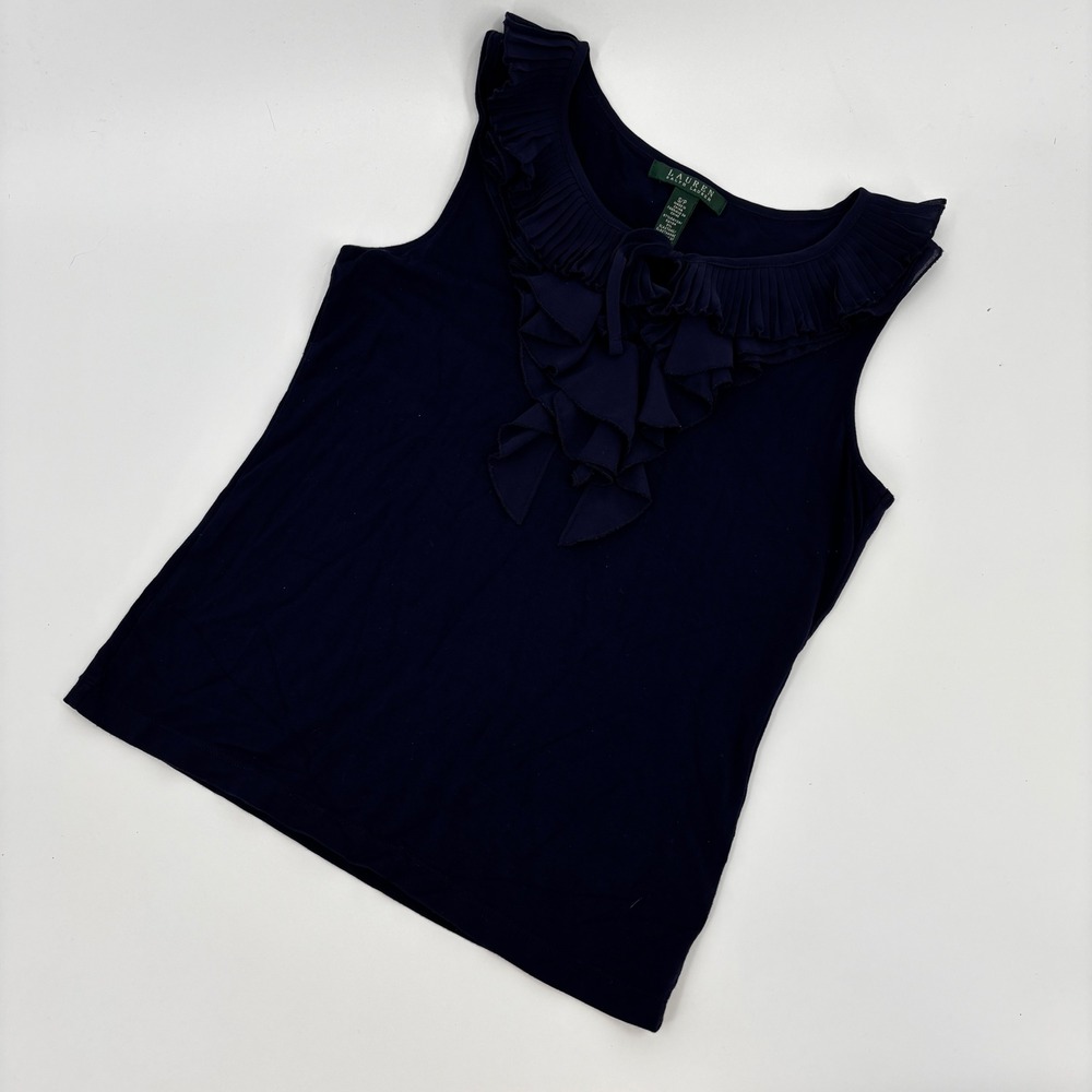 Lauren Ralph Lauren Sleeveless Ruffle Top Pleated Neckline Elegant Blouse Size S